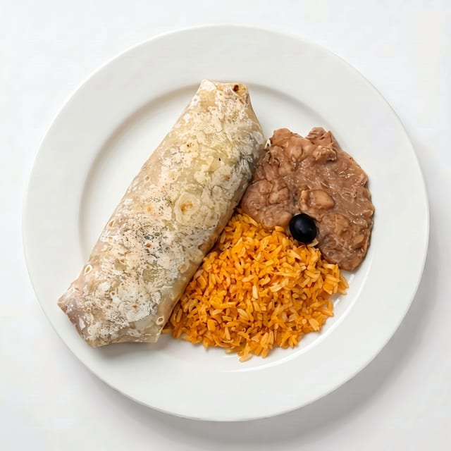 97. Bean & Cheese Burrito, Rice and Beans.