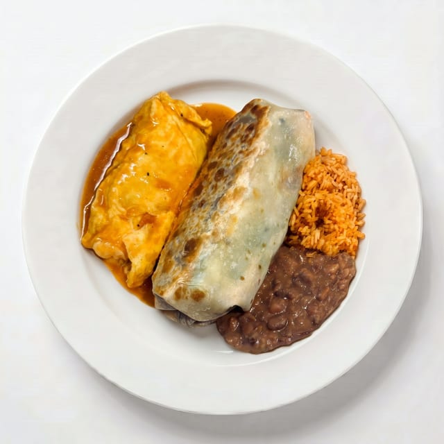 29. Burrito Especial de Res, Chile Relleno, Arroz o Frijoles (Special Burrito Ground Beef, Chili Relleno, Rice or Beans).